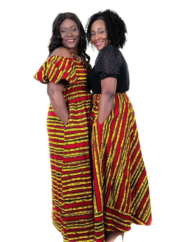 Red and Yellow Cold Shoulder Maxi Dress
